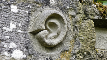 This image showcases a meticulously carved stone ear, highlighting intricate details and textures in a weathered surface, merging art with natural beauty in a serene outdoor setting.の素材