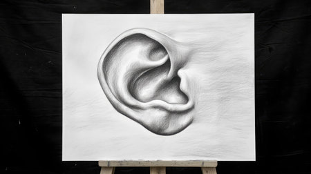 A detailed pencil drawing of an ear emphasizes intricate shading and form, displayed on an easel. Perfect for art enthusiasts and creatives seeking inspiration in realistic representations.の素材