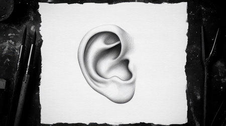 A captivating black and white sketch of a human ear, highlighting intricate details and textures, surrounded by artistic tools on a textured background.の素材