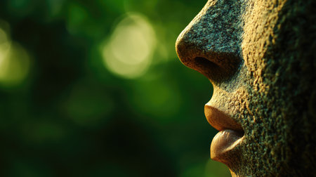 This image features a close-up of a stone sculpture's face, highlighting textured details and serene expressions against a natural green backdrop, evoking tranquility and artistry.の素材