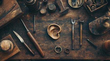 A vintage workshop scene featuring a handcrafted wooden ear sculpture surrounded by various carpentry tools on a rustic wooden table, showcasing the artistry and craftsmanship of woodworking.の素材