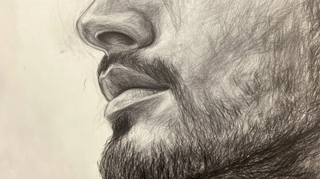 This black and white pencil sketch captures intricate details of a male face, emphasizing the lips and beard, showcasing artistic talent and dedication to realism.の素材