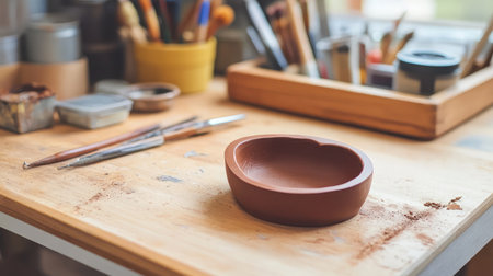 A beautifully shaped rustic clay bowl sits on a wooden workbench, surrounded by various artistic tools, evoking creativity and craftsmanship in a serene studio environment.の素材