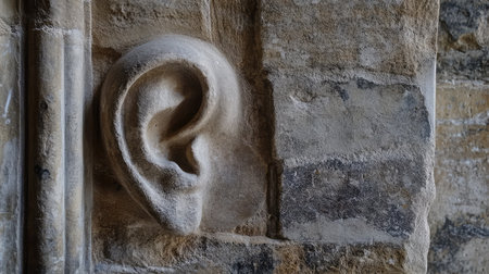 Close-up view of a meticulously carved stone ear, embedded in a textured wall, highlighting the artistry and craftsmanship of historical architectural design and embellishment.の素材