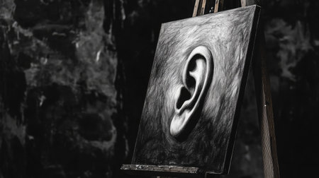 A striking black and white ear drawing displayed on an easel, set against a textured dark background, highlighting the artist's skill and creativity in fine art.の素材
