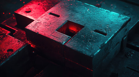 This striking image showcases a close-up view of a textured metal block illuminated by neon lighting, emphasizing the intricate details and shadows in a manufacturing setting.の素材