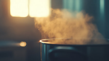 A pot filled with boiling water releases steam in a cozy kitchen, illuminated by warm sunlight streaming through the window, perfect for culinary inspiration.の素材