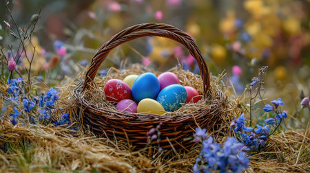 A beautifully arranged basket filled with colorful Easter eggs rests on fresh grass, surrounded by blooming flowers, capturing the essence of spring and festive celebration.の素材