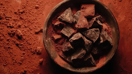 A rustic bowl filled with dark chocolate chunks rests on a textured brown surface, surrounded by fine cocoa powder, creating a rich and inviting display for dessert enthusiasts.の素材