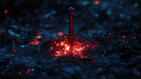 A striking image of a sword glowing amidst fiery ashes, surrounded by radiant sparks. This mystical scene captures a sense of adventure and heroism in a dark atmospheric setting.の素材