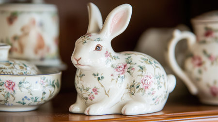 A charming porcelain rabbit figurine adorned with floral patterns, beautifully placed among vintage teaware, adding a cozy touch to any interior design.の素材