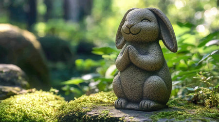 A delightful stone rabbit statue radiates calmness and joy in a serene garden setting, surrounded by lush greenery and soft dappled sunlight, perfect for outdoor decor.の素材