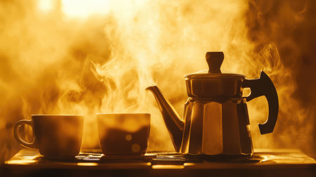 A serene tea scene featuring a steaming teapot and two cups. Warm golden light creates a cozy ambiance, inviting moments of relaxation and comfort. Perfect for lifestyle themes.の素材