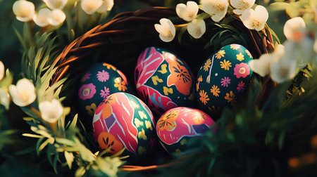 This enchanting image captures colorful Easter eggs beautifully arranged in a rustic wicker basket, surrounded by delicate flowers and lush greenery, embodying the essence of spring.の素材