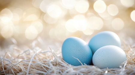 Three delicate blue eggs resting in soft straw, surrounded by a dreamy bokeh backdrop, embodying the essence of springtime and the joy of new beginnings. Perfect for seasonal themes.の素材