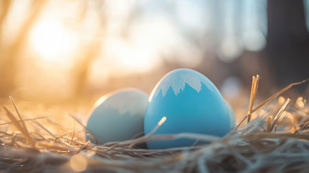 Two beautifully painted blue eggs resting in straw create a serene and festive atmosphere, illuminated by soft sunlight in a natural outdoor setting.の素材