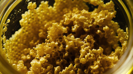 This close-up image of raw honeycomb reveals its intricate hexagonal structure and natural beauty, making it perfect for culinary, wellness, or agricultural themes.の素材