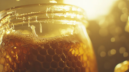 A stunning close-up of a honey jar filled with golden honey and honeycomb, illuminated by sunlight, showcasing the natural beauty and richness of this delicious treat.の素材