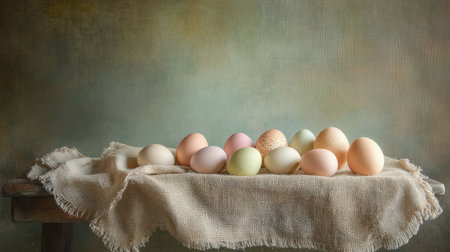 A beautiful arrangement of naturally dyed eggs resting on a soft fabric, set against a subtle textured background, ideal for Easter and seasonal decoration photography.の素材
