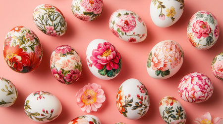 A stunning arrangement of decorated Easter eggs featuring intricate floral patterns set against a soft pink background, ideal for enhancing spring-themed decor.の素材