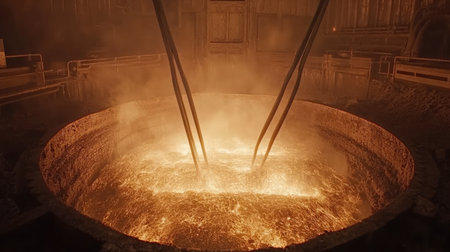 A captivating scene of molten metal being processed in a foundry, showcasing the intense heat and steam in an industrial environment, highlighting the art of metalworking.の素材