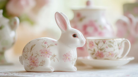 Beautiful ceramic rabbit with floral patterns alongside a vintage tea set, creating a tranquil spring setting. Perfect for home decor and delightful celebrations.の素材
