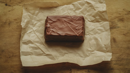 This image features a rich chocolate bar resting on crumpled paper, set against a rustic wooden background, ideal for showcasing desserts or sweet treats in culinary contexts.の素材