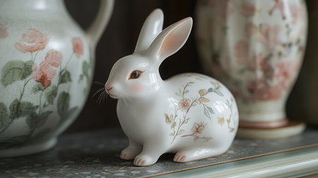 This beautiful porcelain rabbit figurine adds a touch of elegance to any decor, featuring intricate floral designs and surrounded by vintage vases for a classic aesthetic.の素材