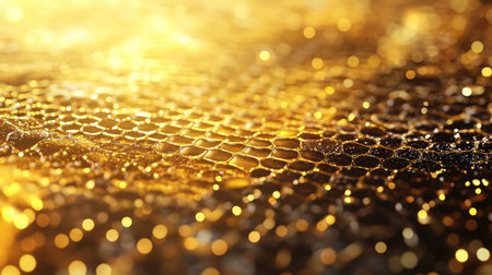 A stunning close-up of a textured golden surface featuring a honeycomb pattern, illuminated by soft light and complemented by a dreamy bokeh effect for artistic inspiration.の素材