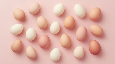 A beautiful arrangement of organic eggs in various shades of brown and white, set against a soft pink surface, offering a serene and aesthetic look for food-related projects.の素材