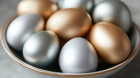 A beautiful arrangement of metallic Easter eggs in a decorative bowl, showcasing a blend of shiny surfaces and elegant colors, perfect for spring festivities and creative decoration.の素材