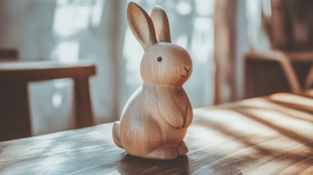 A delightful wooden rabbit figurine sits on a table, illuminated by soft natural light, creating a serene atmosphere ideal for decor or children's spaces.の素材