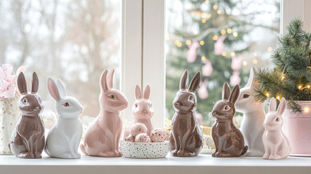 A delightful arrangement of ceramic rabbits in soft pastel shades adorning a windowsill, complemented by seasonal decorations, evoking a warm and cozy atmosphere.の素材