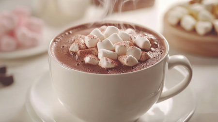 Enjoy a delightful cup of hot chocolate topped with fluffy marshmallows, perfect for warming up during chilly days and adding sweetness to your winter moments.の素材