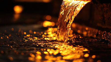 Discover a stunning close-up image of flowing water that captures golden reflections, reflecting serene beauty and tranquility, perfect for evoking natural harmony in every project.の素材