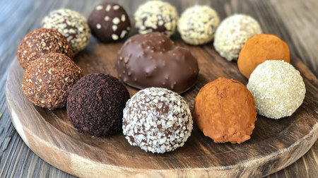 A tempting display of assorted gourmet chocolate truffles arranged on a wooden board, showcasing a variety of textures and flavors that appeal to dessert lovers.の素材