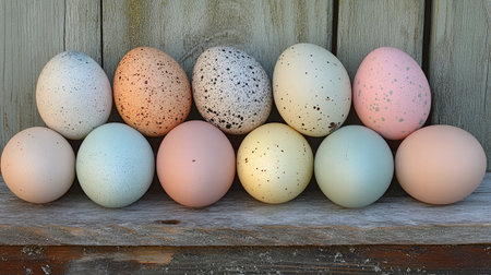 A visually appealing display of colorful and speckled eggs on a rustic wooden surface, showcasing nature's diversity and charm, perfect for seasonal or decorative purposes.の素材