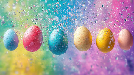 A visually stunning array of colorful eggs surrounded by sparkling bubbles on a soft rainbow background, capturing the essence of Easter celebrations and joyful springtime moments.の素材