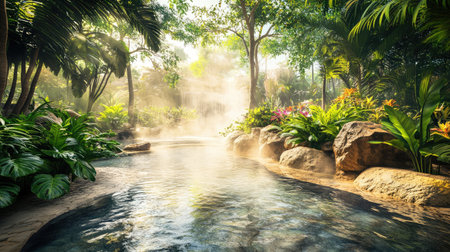 Experience a tranquil escape into a lush tropical paradise featuring serene waters, vibrant flowers, and gentle morning light illuminating a stunning natural landscape.の素材