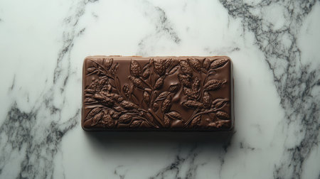 A beautifully crafted dark chocolate bar featuring an intricate floral design rests on a sleek marble surface, highlighting the artistry of gourmet confectionery perfect for any occasion.の素材