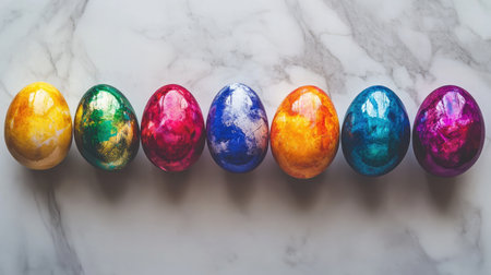 A stunning arrangement of colorful Easter eggs on a marble surface, each displaying vibrant hues and unique patterns, perfect for festive holiday decorations and celebrations.の素材