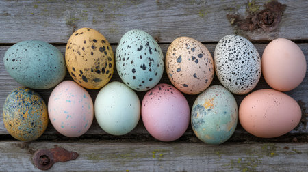 A stunning collection of beautifully hand-painted Easter eggs in various pastel shades and patterns, displayed on a rustic wooden surface, perfect for spring celebrations.の素材