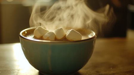 A cozy bowl of steaming hot chocolate topped with fluffy marshmallows, creating a warm and inviting atmosphere perfect for winter indulgence and relaxation.の素材
