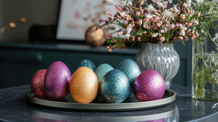 A stunning display of colorful, glittering Easter eggs on a stylish tray, paired with a delicate floral arrangement, perfect for springtime celebrations and festive decor inspiration.の素材