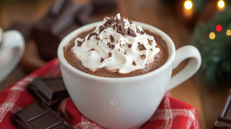 Enjoy a rich and creamy hot chocolate topped with fluffy whipped cream and chocolate shavings, perfect for a cozy winter evening with a festive ambiance.の素材