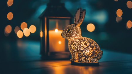 A charming ceramic rabbit lamp emits a gentle glow beside a vintage lantern, enhancing any space with a cozy, inviting atmosphere perfect for special occasions or relaxation.の素材