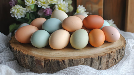 This image features a stunning display of variously colored eggs artfully arranged on a rustic wooden slice, enhanced by delicate flowers and soft textures, representing seasonal beauty.の素材