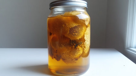 A bright glass jar showcases rich honey and textured honeycomb, embodying natural sweetness and the beauty of bees and their ecological contributions.の素材