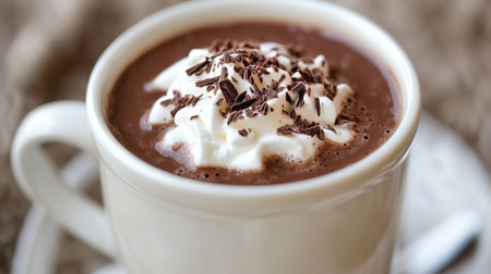 Enjoy a rich cup of creamy hot chocolate topped with fluffy whipped cream and chocolate shavings, perfect for cozy moments during chilly seasons.の素材