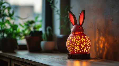 A charming bunny-shaped lamp with floral designs casts a warm glow in a beautifully styled room filled with greenery, perfect for festive moments and cozy evenings.の素材